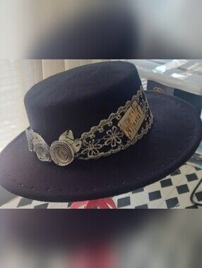 Handcrafted Black Wide-Brim  Fedora with Floral Trim